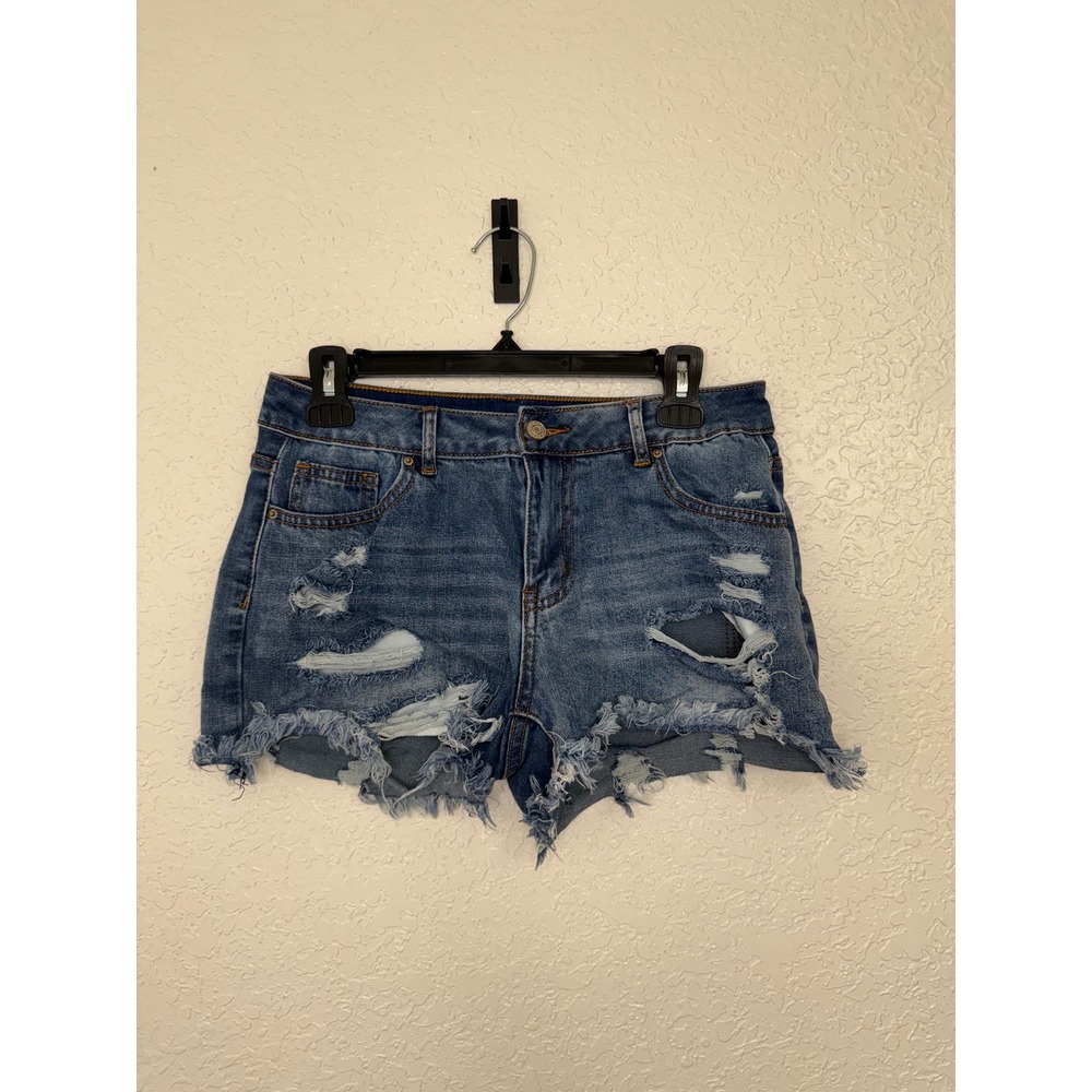 Womens Distressed Denim Shorts Blue Frayed Hem Jean Shorts Medium Mid Rise